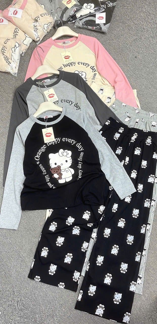  Set áo tay dài hello kitty mix quần suông ống rộng - HỒNG - E114 