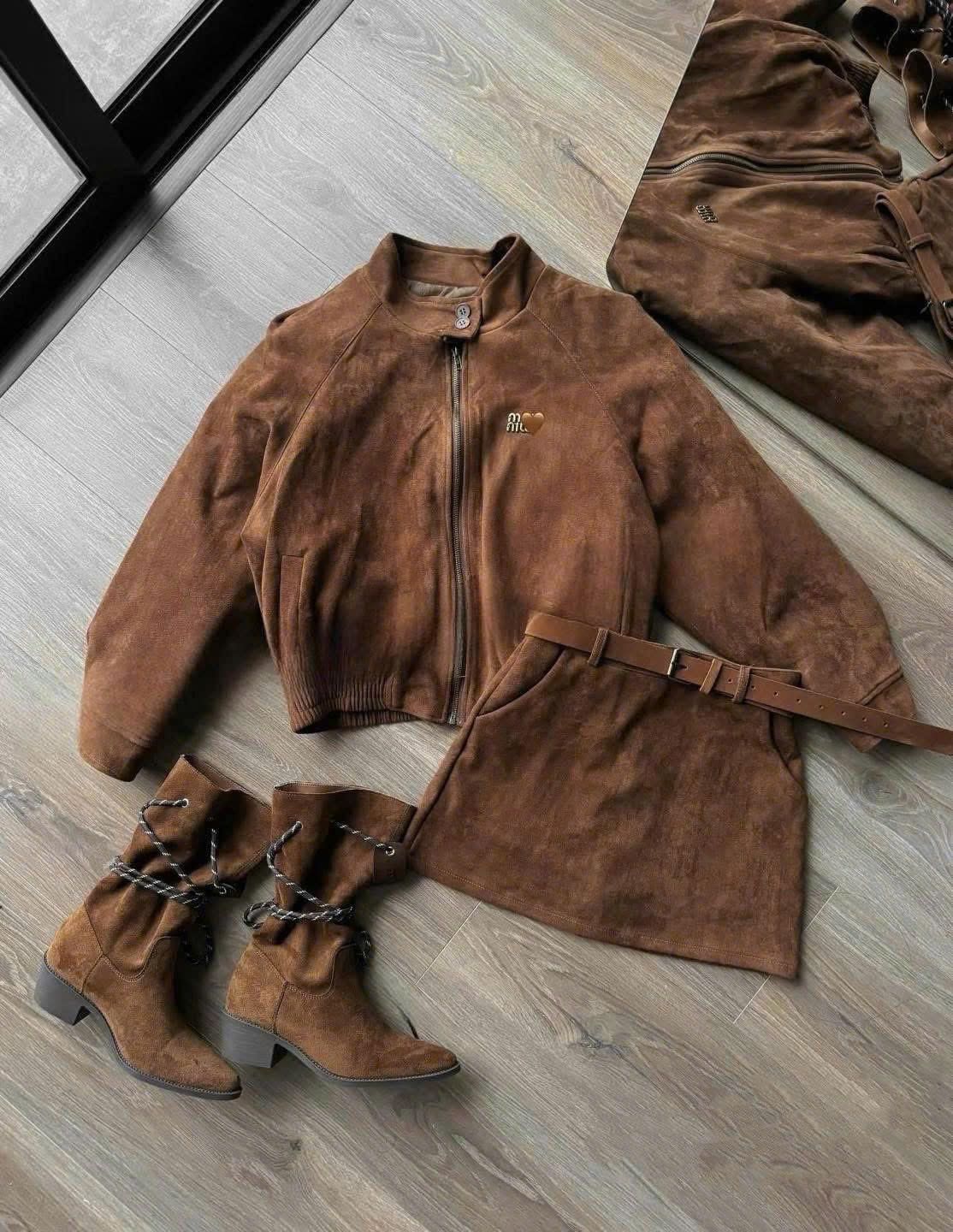  Set da lộn áo dây kéo mix chân váy kèm đai - Z42 ( eo S<68, M<72 ) ( ÁO DÀI 60CM , CV DÀI 36CM ) 