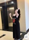  Đầm 2 dây suông hở lưng họa tiết MÔI - ĐEN - K36 