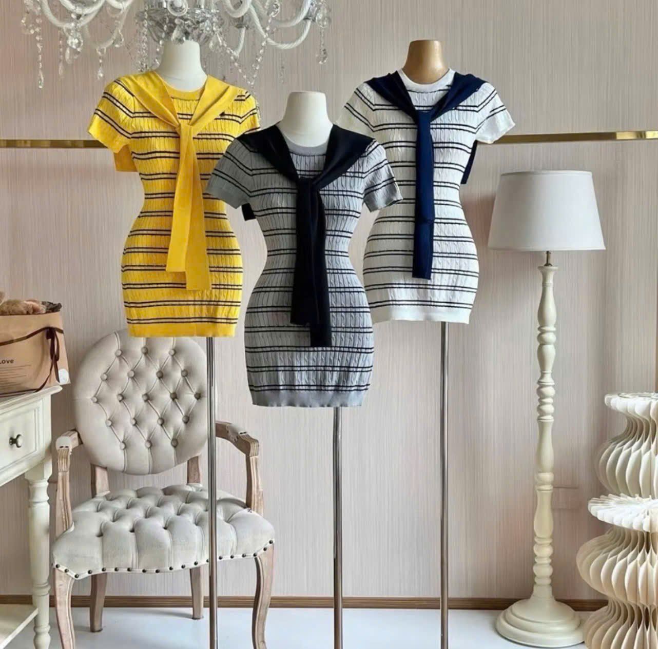  Đầm len mỏng ôm body kẻ sọc kèm khăn - VÀNG ĐẬM - N129 