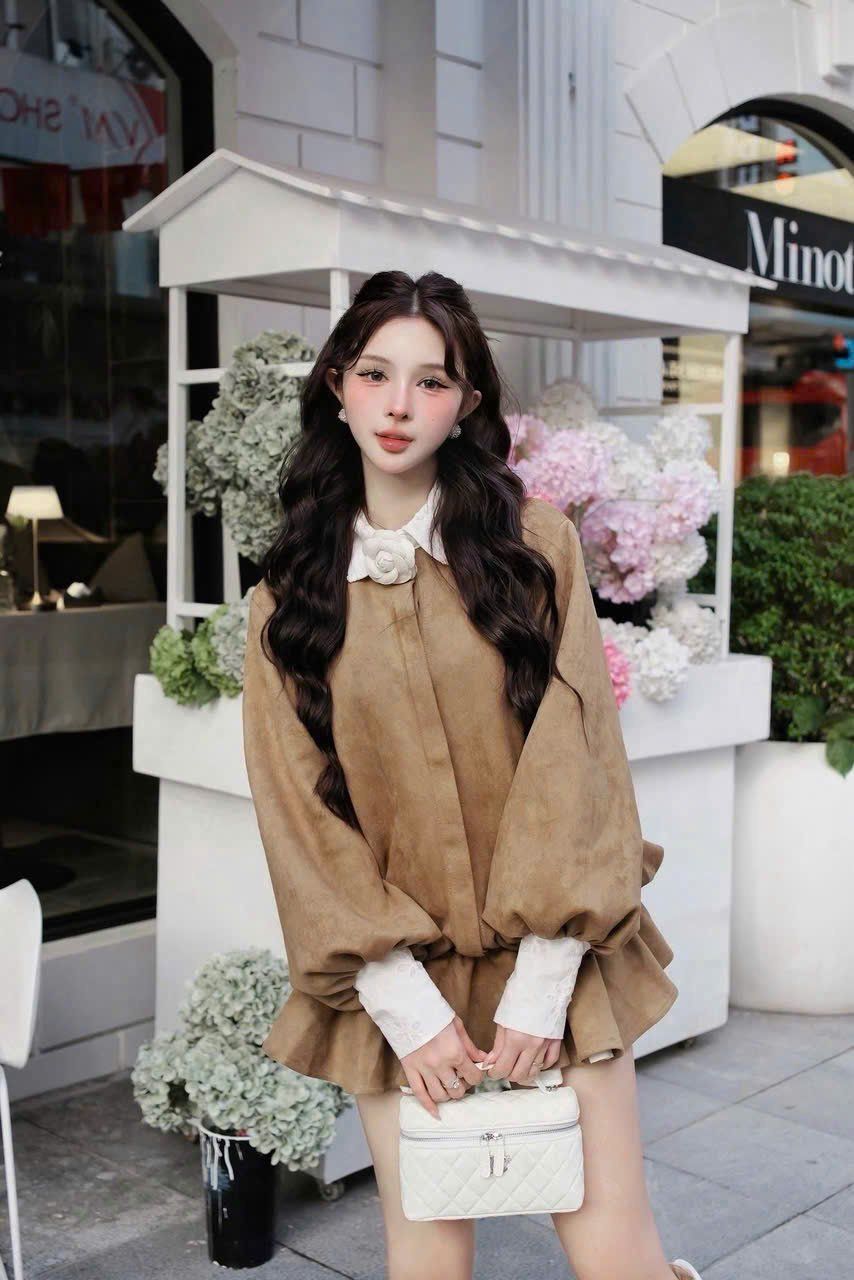  Đầm tay dài cổ sơ mi chất da lộn đính hoa rời - H41 ( DÀI 84CM S<53KG, M<58KG ) 