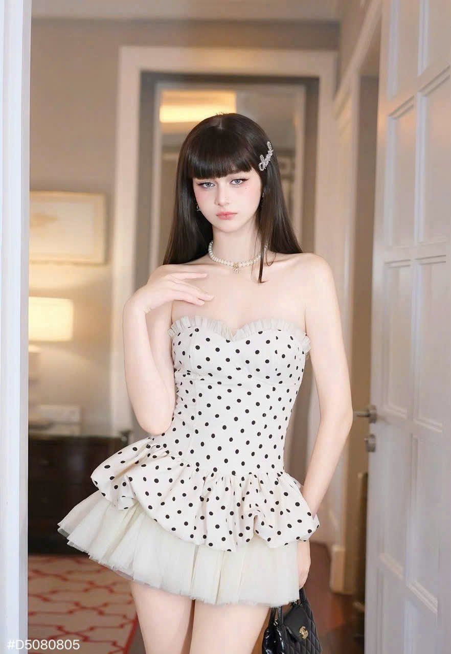  Đầm 2 dây trong bí viền bèo phối lưới xoè hoạ tiết chấm bi - R55 