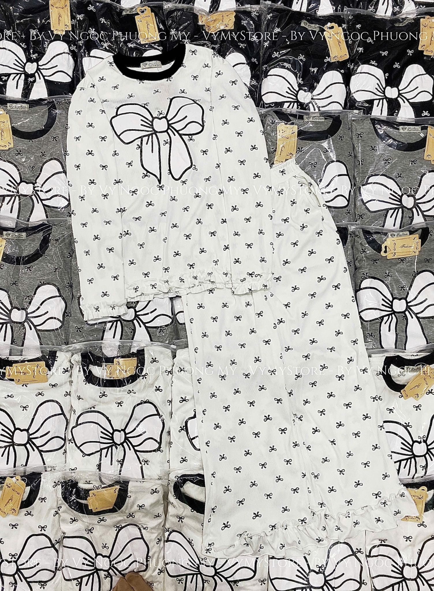  Set áo tay dài thun gân mix quần suông họa tiết nơ - TRẮNG - G160 ( dưới 58kg ) 
