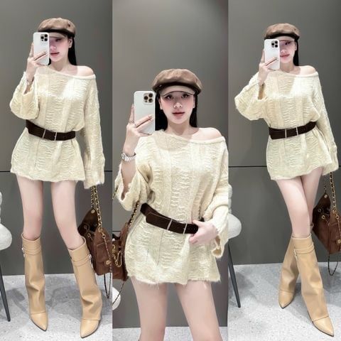  Đầm len lệch vai kem kèm đai nịt - E276 