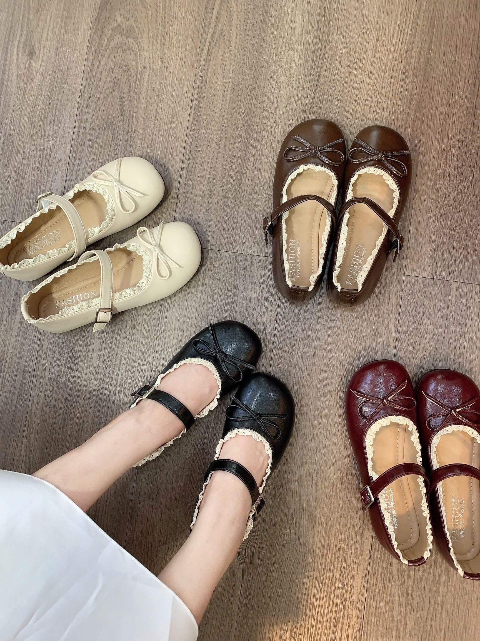  Giày búp bê quai ngang nâu phối ren - ĐEN - G26 