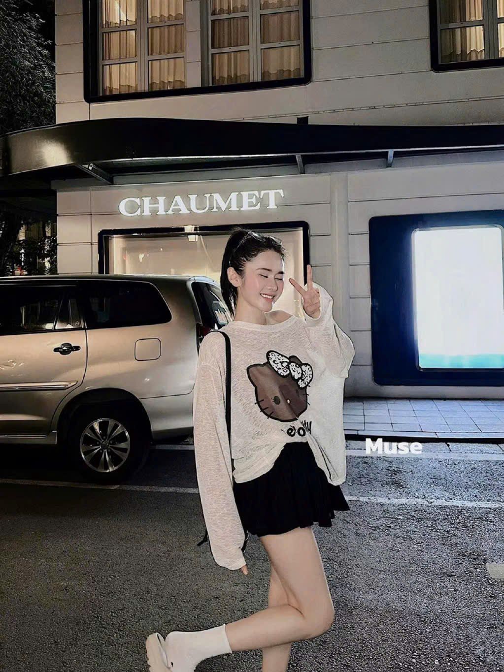  Set áo len mỏng giấy hello kitty mix chân váy có lót quần trong - KEM - E27 