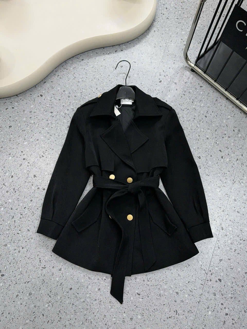  Áo khoác vest mangto cài nút kèm dây thắt eo sang trọng - ĐEN - E235 