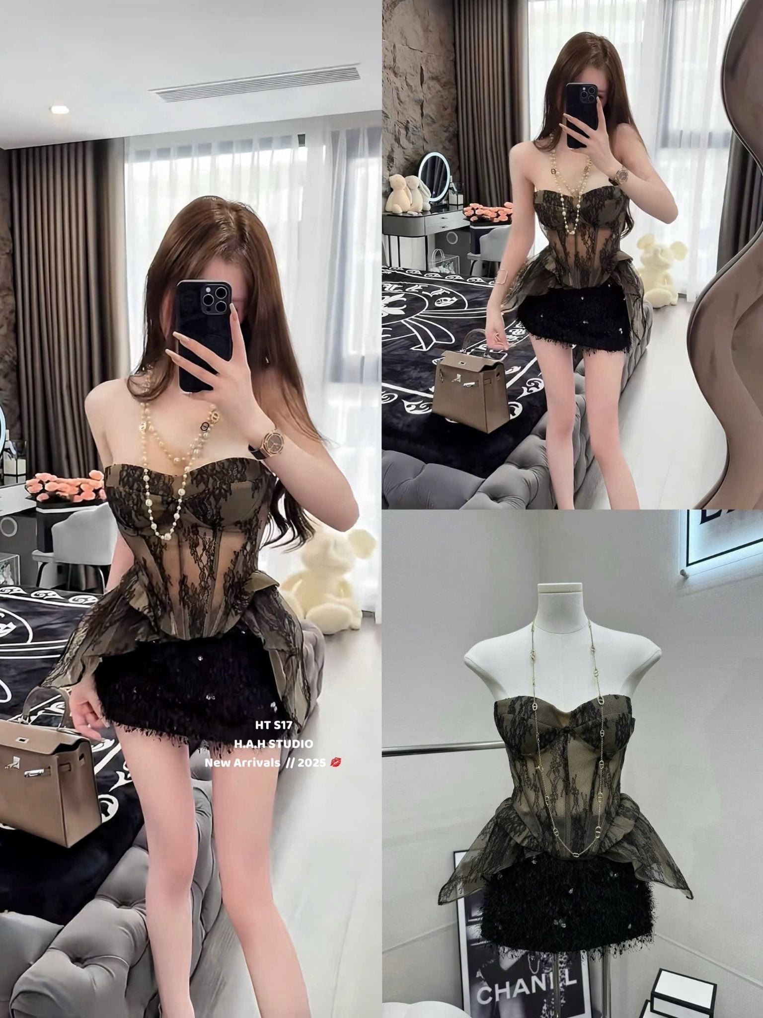  Set áo ren quây cúp ngực kèm chân váy dáng ngắn - R190 ( eo S<68, M<72 ) 