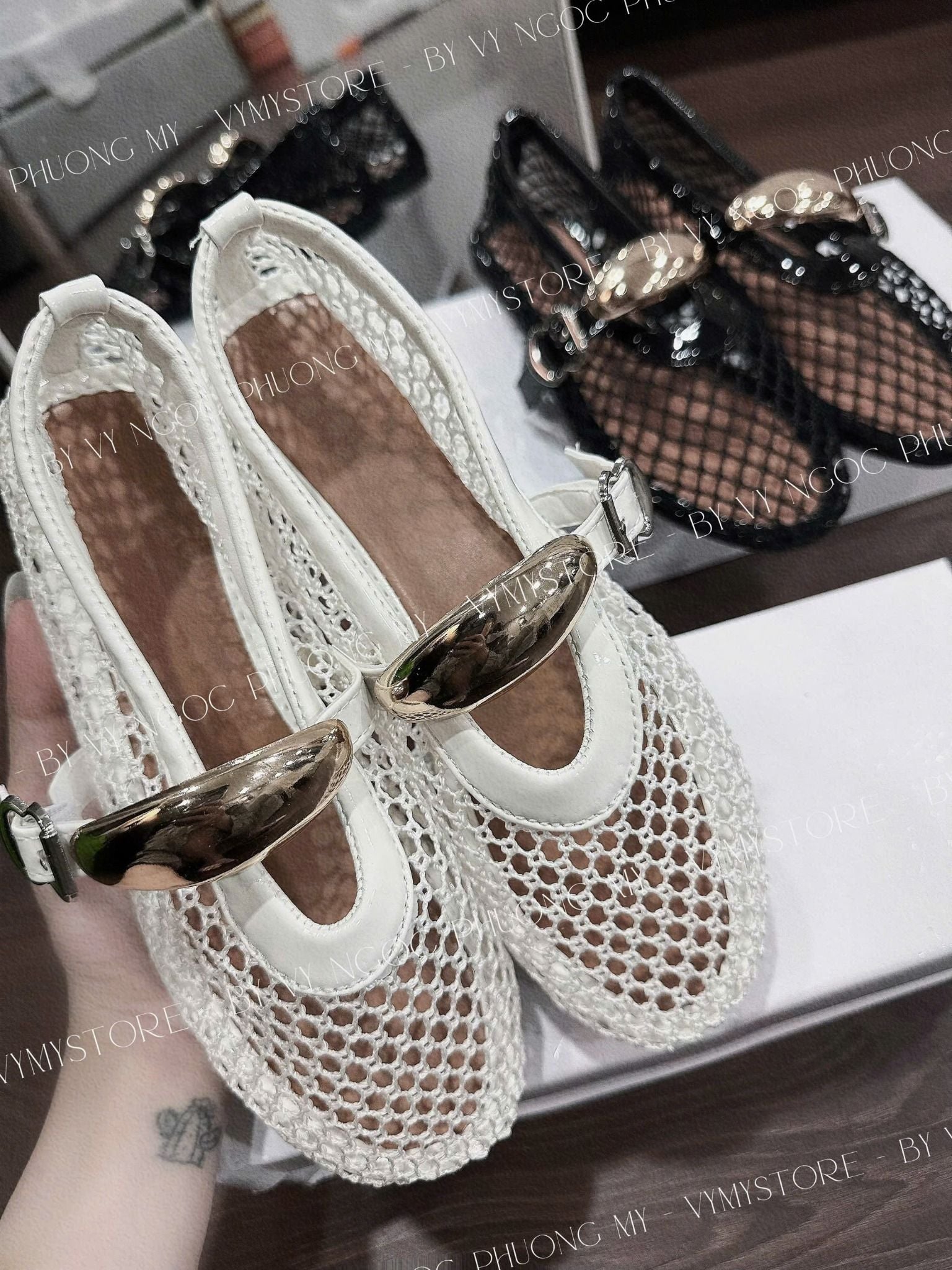  Giày búp bê rọ lưới quai phối charm lớn hottrend - TRẮNG - N9 