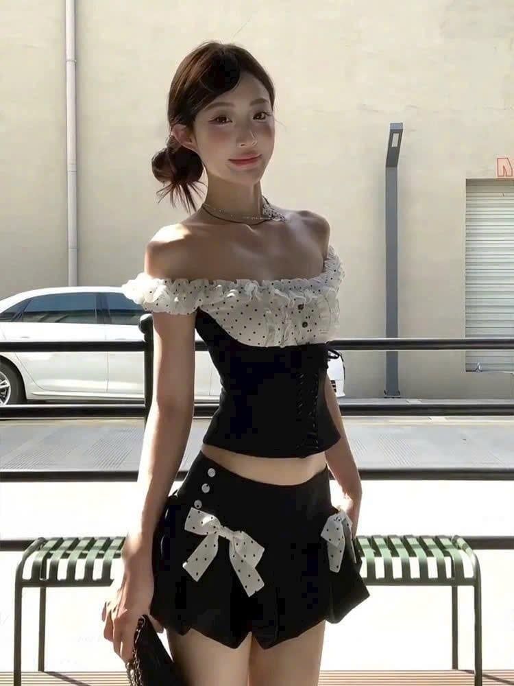  Set áo trễ vai chấm bi bèo mix chân váy bí đính nơ - Z22 ( eo S<68, M<72, L<76 ) 