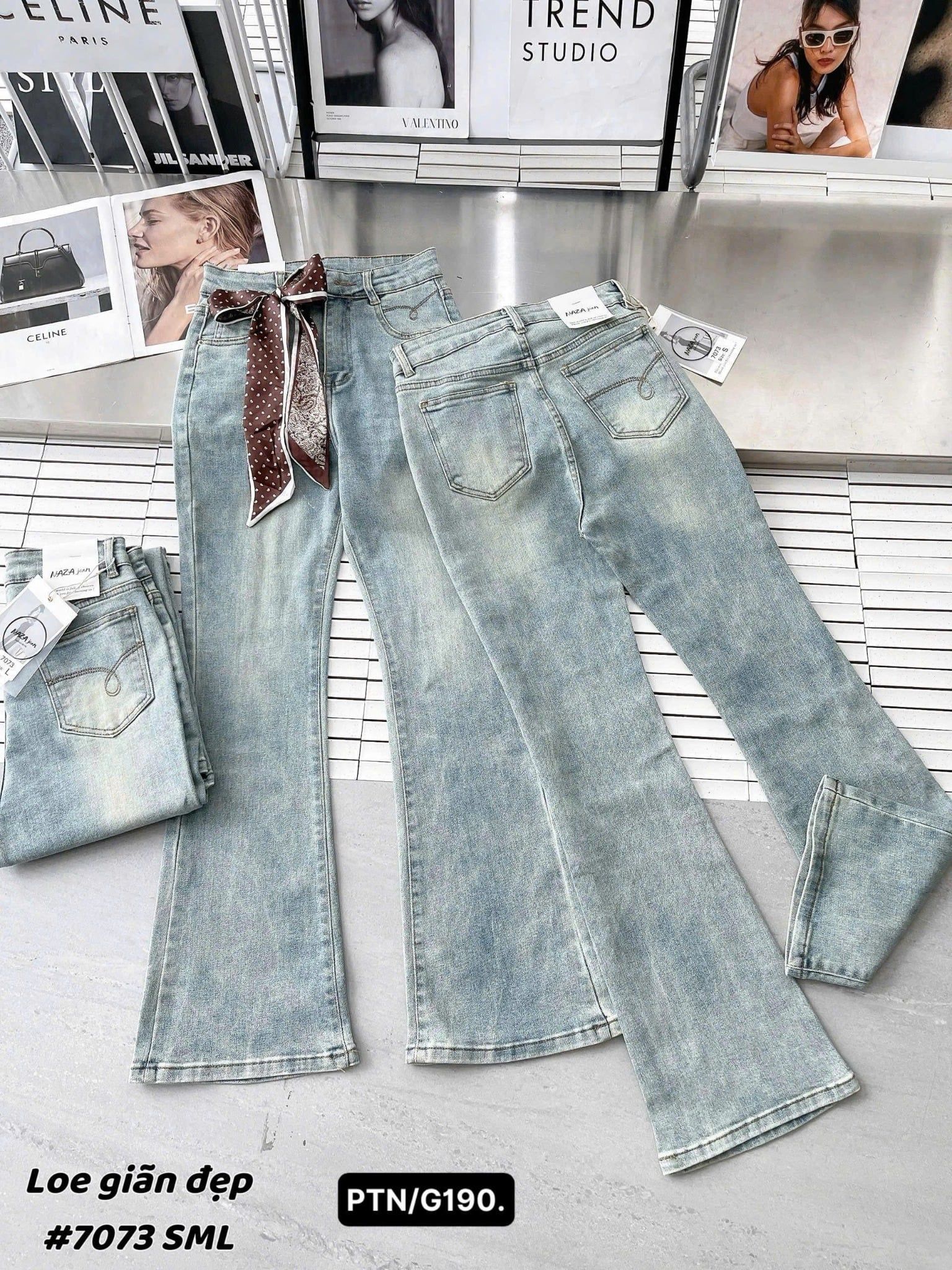  Quần jeans ống loe cạp cao chất co giãn - NHẠT - N62 ( eo S<66 , M<70, L<74 ) DÀI 100CM 