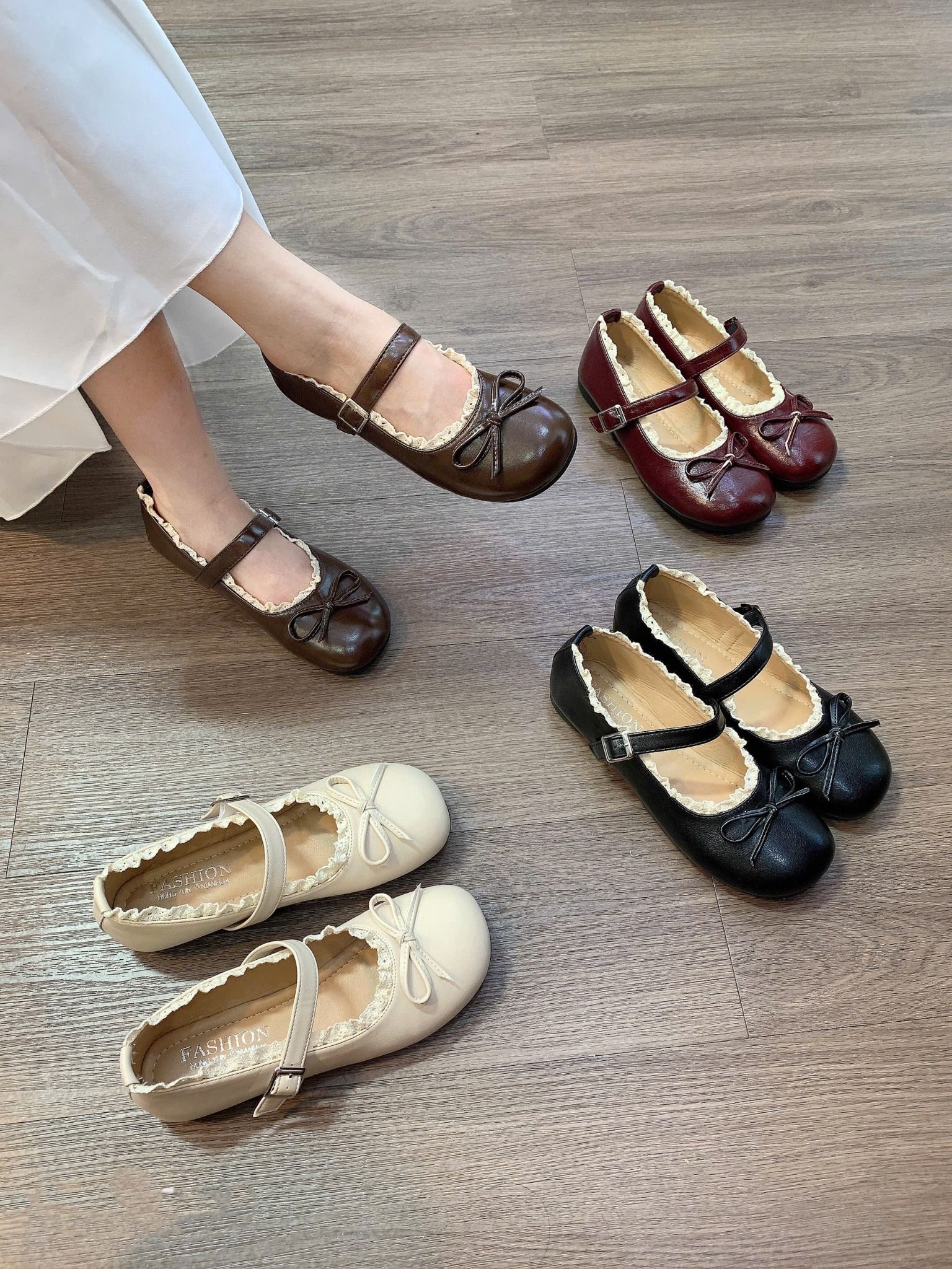  Giày búp bê quai ngang nâu phối ren - NÂU - G28 