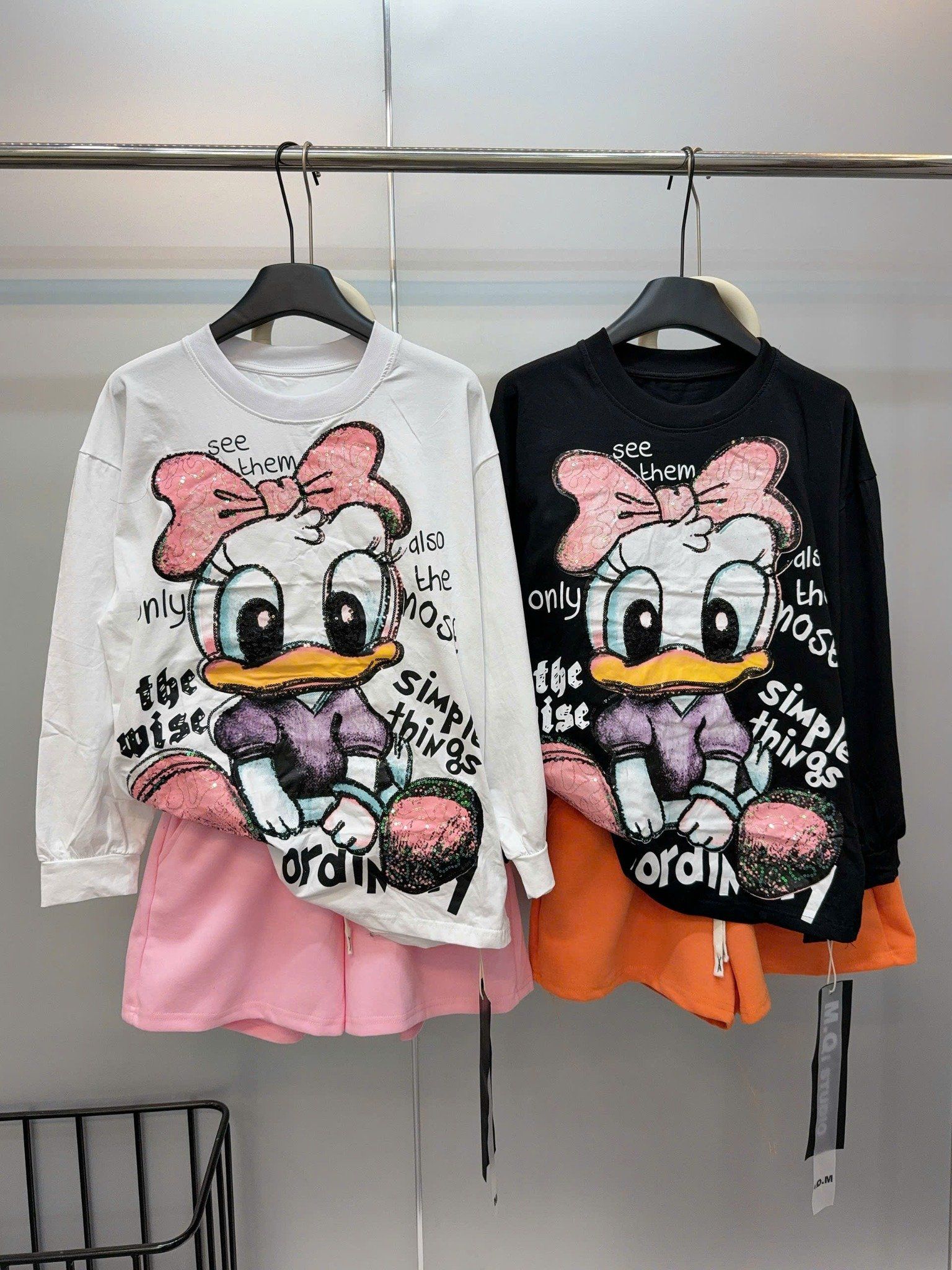  Set áo tay dài họa tiết vịt dona mix quần short form siêu đẹp - TRẮNG - E226 