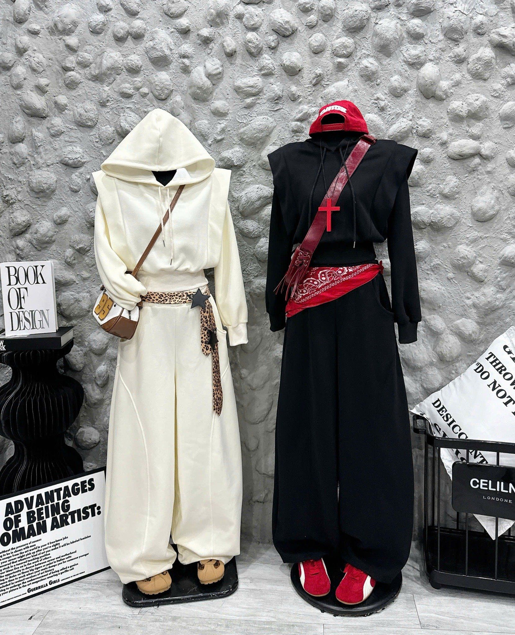  Set áo khoác có nón mix quần suông rộng cạp chun - ĐEN - E138 