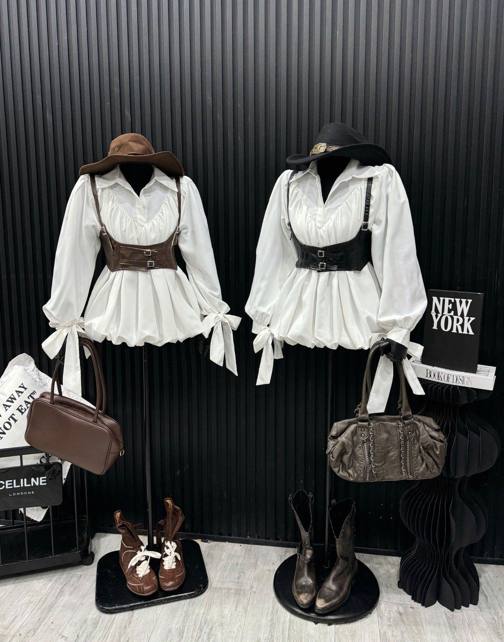  Áo sơ mi kiểu bồng bí kèm áo da hai dây phối - NÂU - E106 H61 