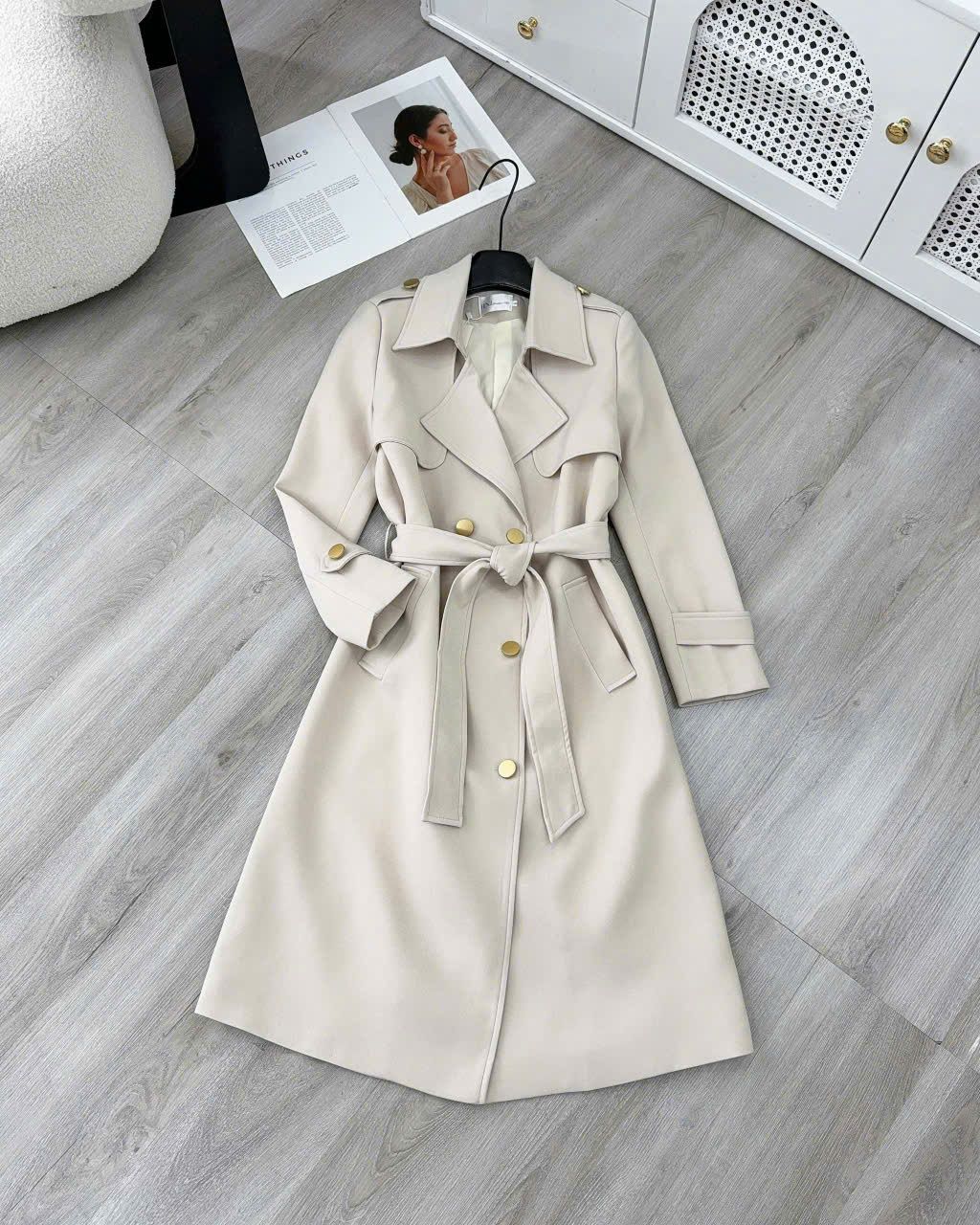  Vest mangto dài đúp lót 2 lớp kèm đai thắt lưng - KEM - C40 