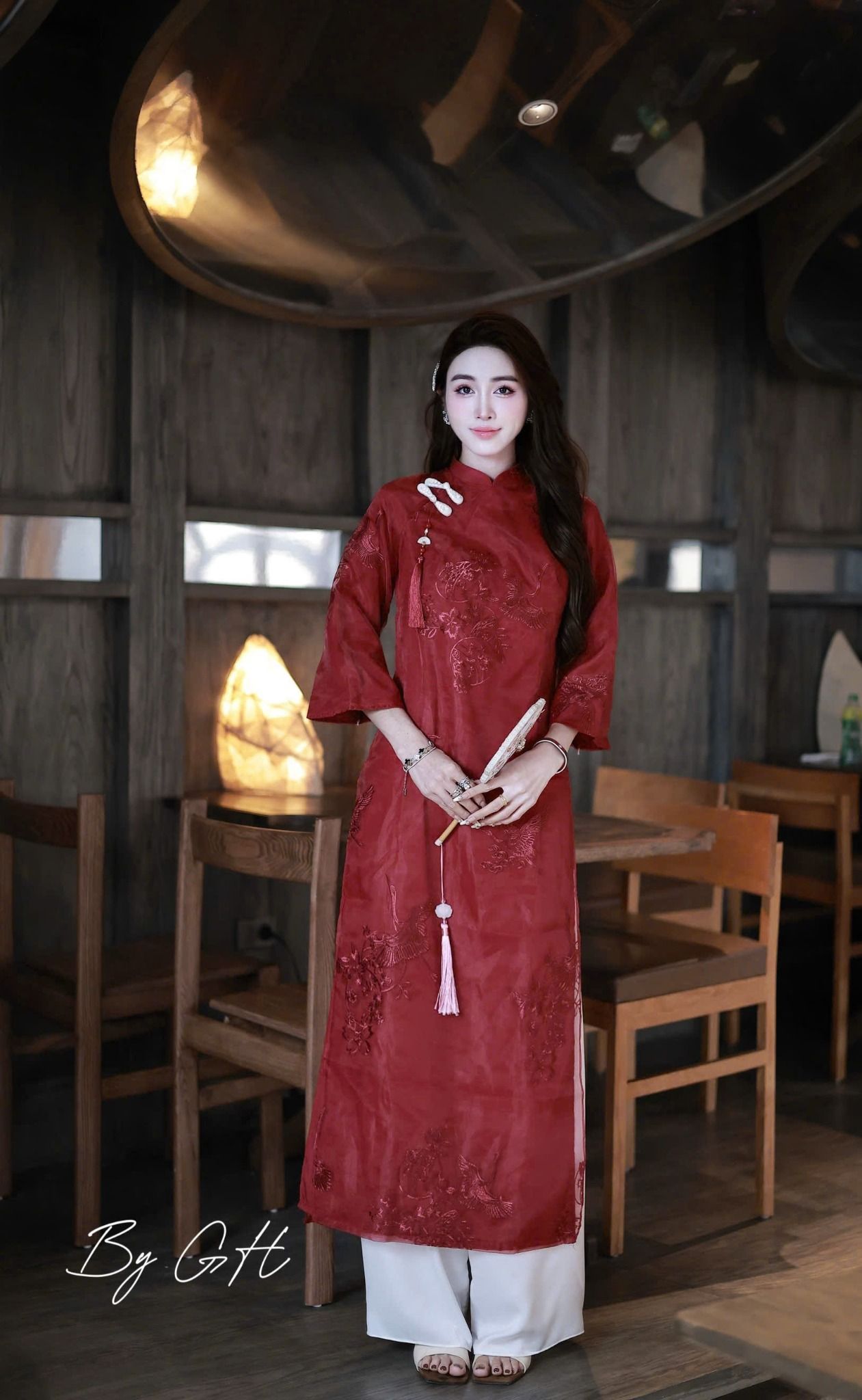  Áo dài 4 TÀ thêu CHIM HOA vai cài nút tàu + quần lụa - ĐỎ - Z24 ( 50% lưng chun ) 