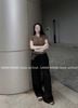 Set áo thun tăm croptop beo cổ tròn mix quần suông dài - A92 (0)