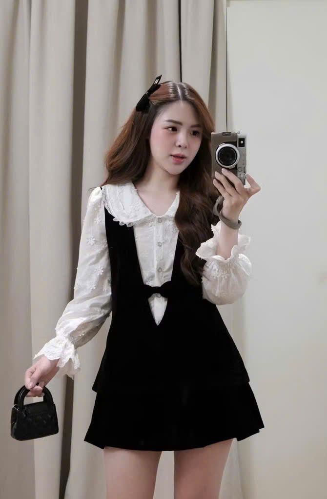  Set áo cổ sen ren phối nhung nơ mix chân váy - H38 ( eo S<68, M<72, L<76 - ÁO DÀI 64CM , CV DÀI 37CM ) 