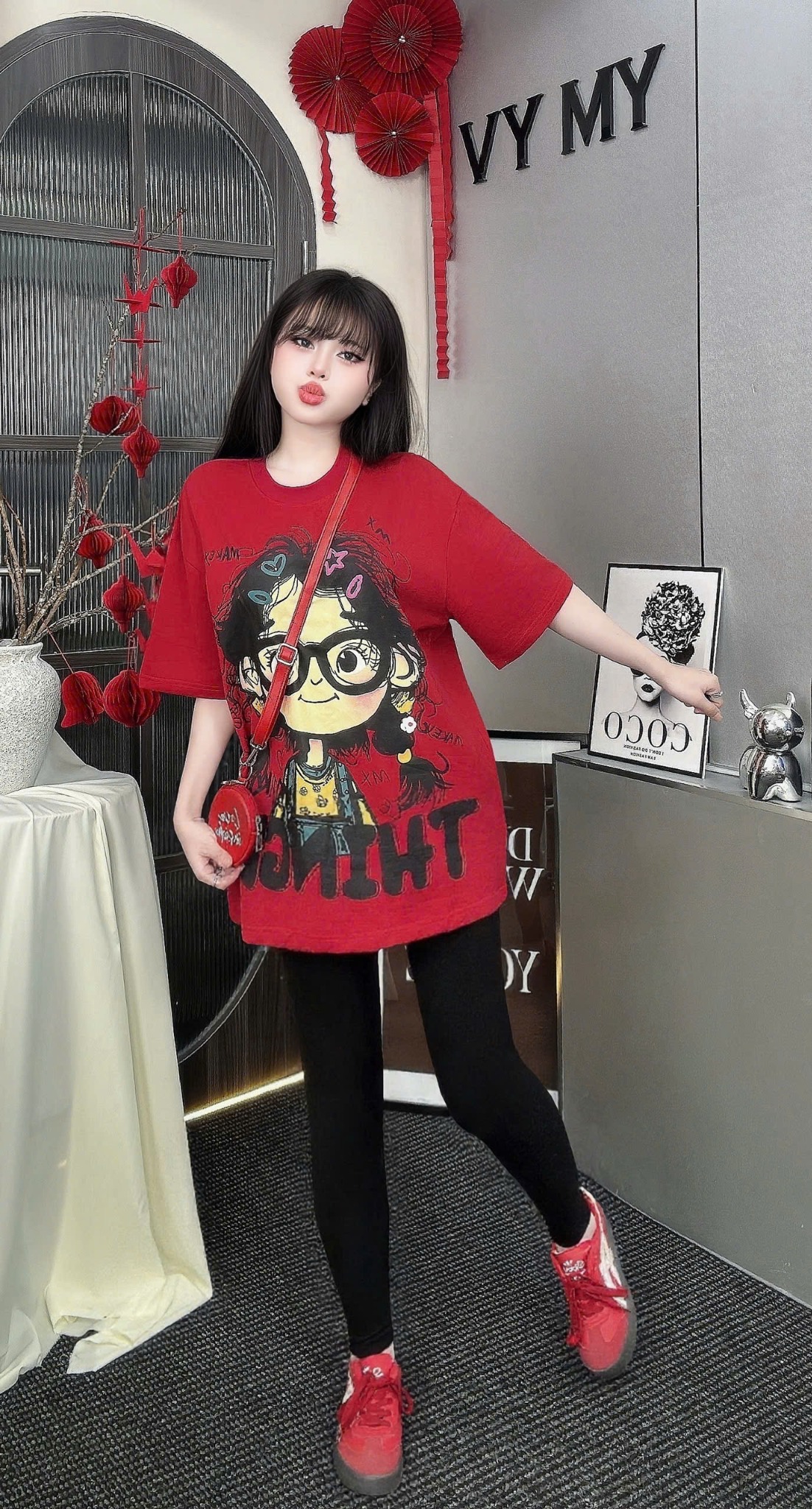  Set áo thun from rộng in hình CÔ GÁI mix quần legging - ĐỎ - Q17 