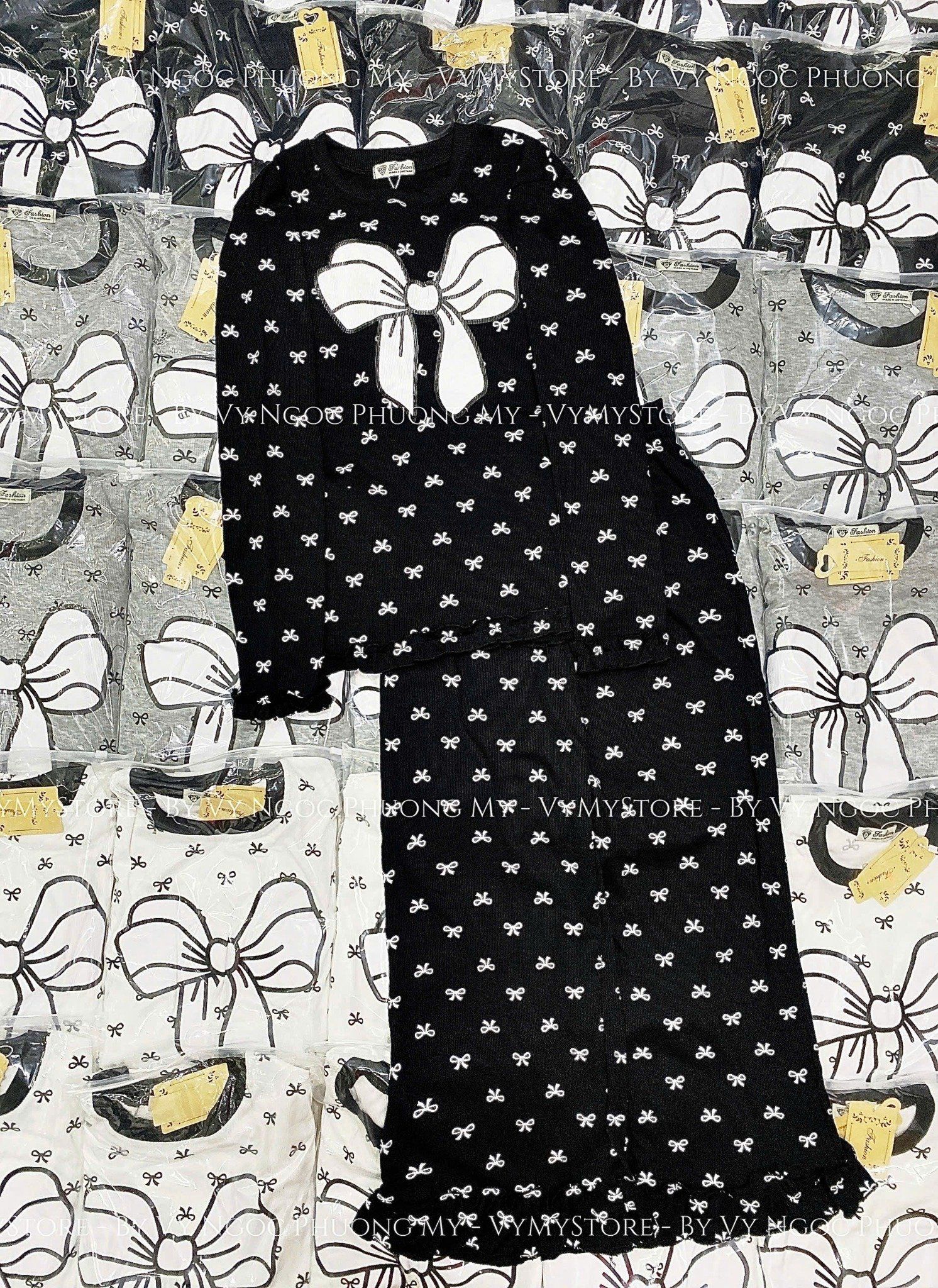  Set áo tay dài thun gân mix quần suông họa tiết nơ - ĐEN - G158 ( dưới 58kg ) 