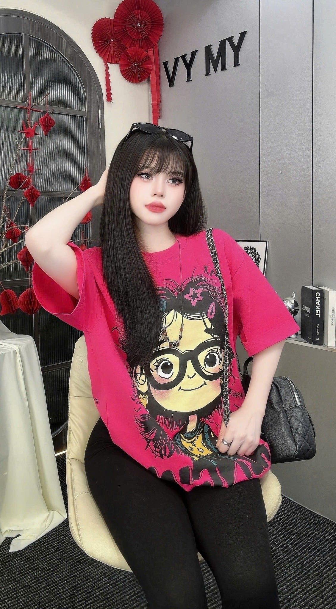  Set áo thun from rộng in hình CÔ GÁI mix quần legging - HỒNG - Q19 