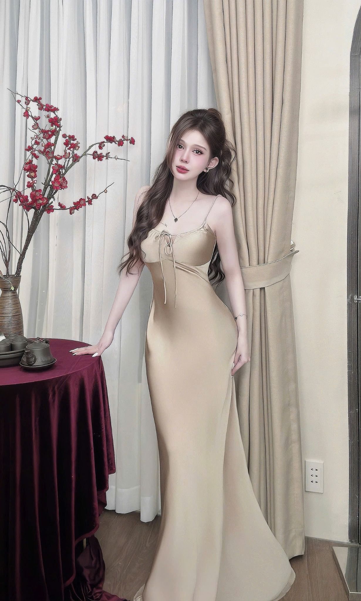  (GỐC 279K GIẢM 179K) Đầm lụa hai dây buộc dây ngực dáng suông dài 130cm - KEM - C208 (EO S<68, M<72, L<76) 