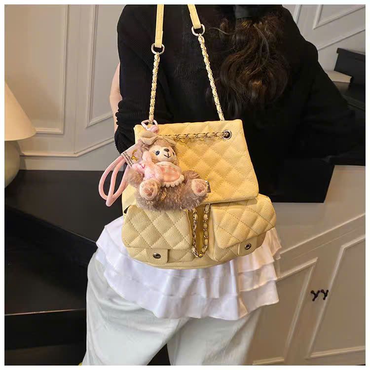  Ba lô nhỏ phối dây xích phong cách retro HQ TẶNG KÈM GẤU - VÀNG - Q7 T31 