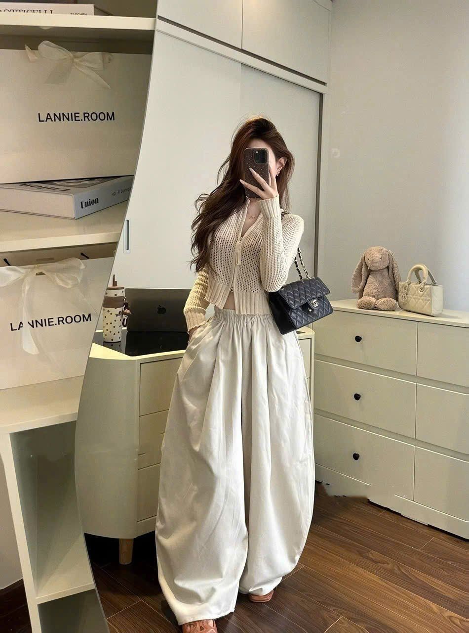  Set bộ áo len QC mix quần ống rộng dáng dài lannie - KEM - E313 ( MÀU QUẦN ) 