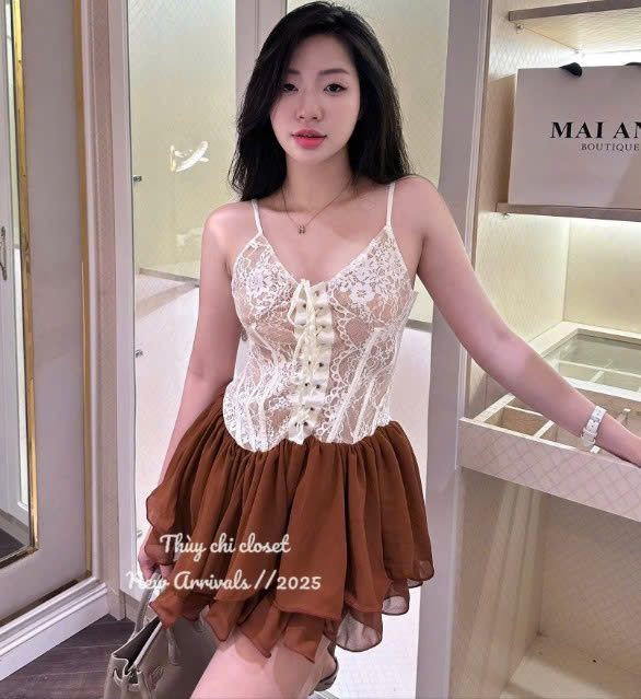  Đầm hai dây ren đan dây chân váy bèo tầng - A264 ( eo S<64, M<68 ) ( dài 72cm ) (0) 