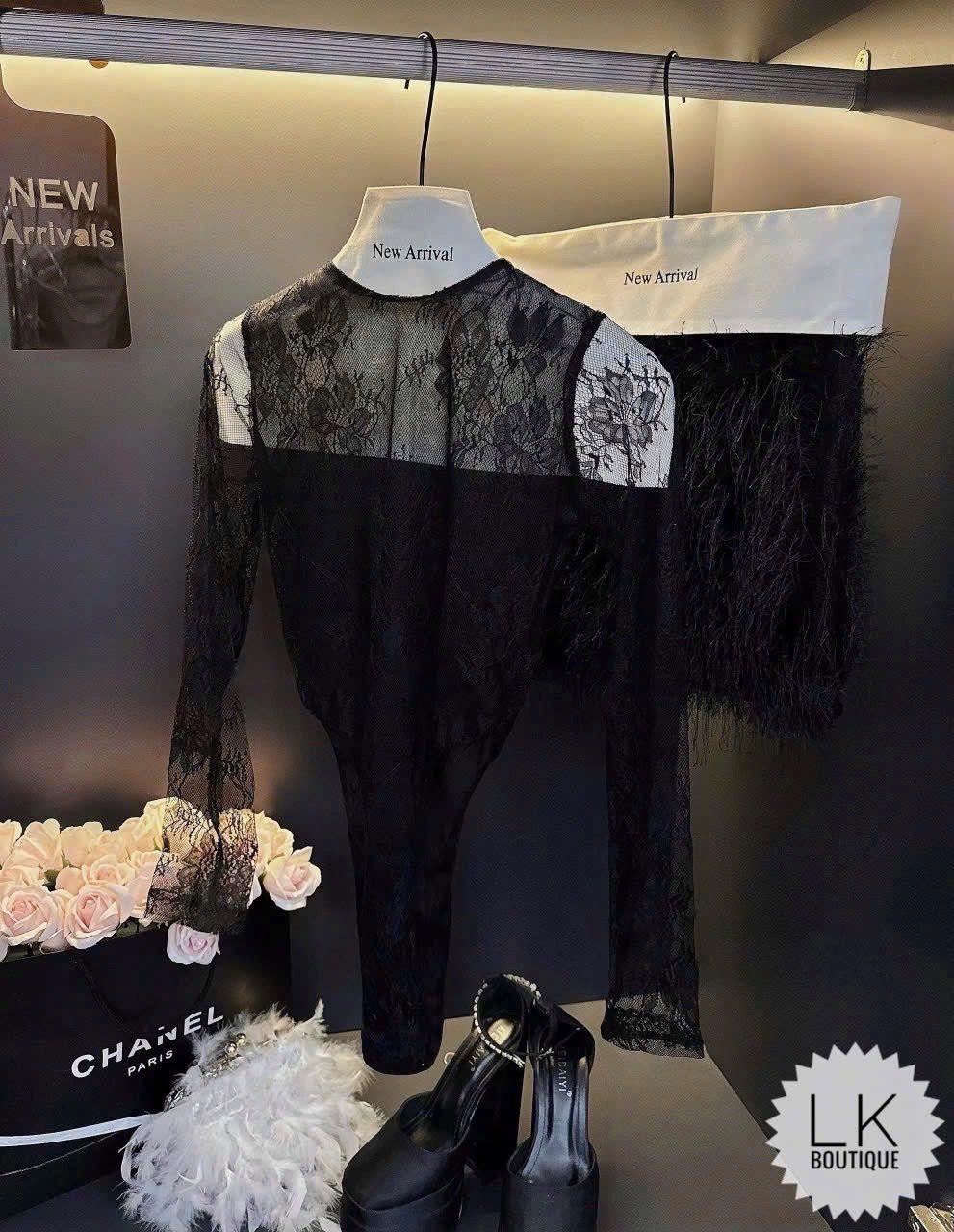  Set đi tiệc thiết kế áo tay jumsuit ren mix chân váy lông vũ - ĐEN - E244 