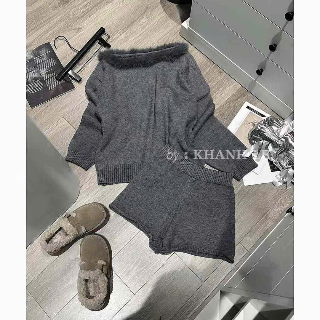  Set bộ len áo tay dài dơi cổ lông mix quần short xịn xò - XÁM - N180 