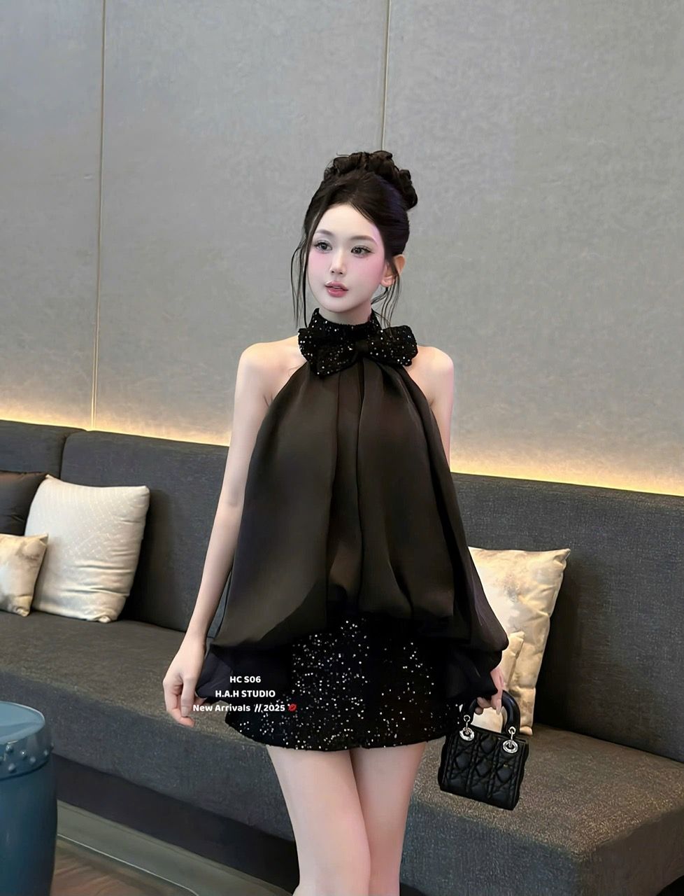  Set áo yếm đính nơ bồng bó mix chân váy kim sa dáng A - ĐEN - H68 ( eo S<68, M<72 ) ( CV 55CM , ÁO 54CM - 70CM ) 