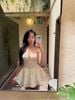 Đầm hai dây hoạ tiết chấm bi viền ren nơ ngực dáng xoè - V36 (eo S<68, M<72)