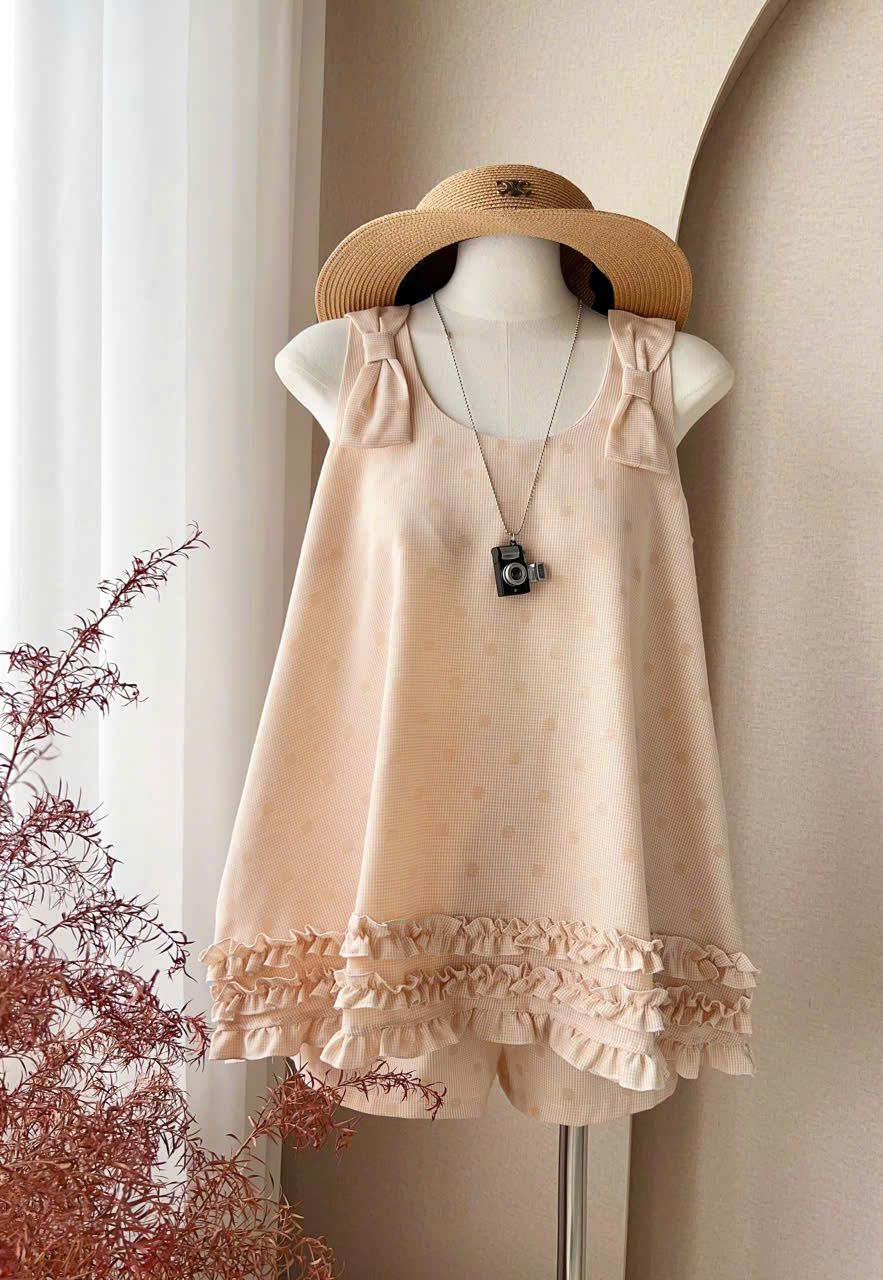 Set áo babydoll tầng bèo phối nơ kèm quần xinh xắn - Q129 