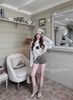 Set áo tay dài in chữ CHANEL mix quần short ngắn kẻ sọc - H235