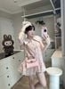 Đầm suông thô ren hoa cổ nhọn phối cúc bèo kèm buộc tóc dễ thương - HỒNG - T527