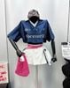 Set áo polo in chữ FOREVER 18 phối sọc vai dây rút eo croptop mix chân váy kaki túi hộp - XANH - T660 (EO S<64, M<68CM ,L<72CM)