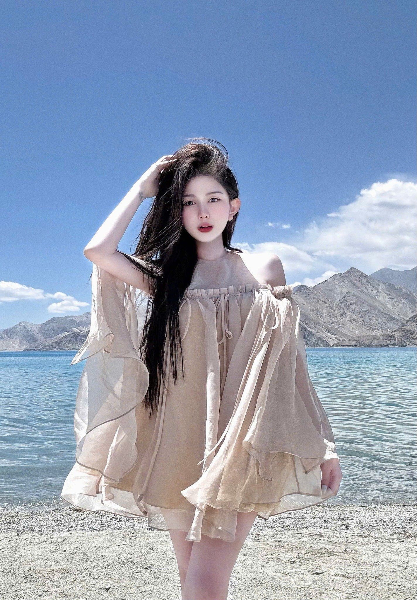  Đầm babydoll trễ vai phối áo yếm sát nách đúp 3 lớp hàng chuẩn cao cấp bồng bềnh - Q1 