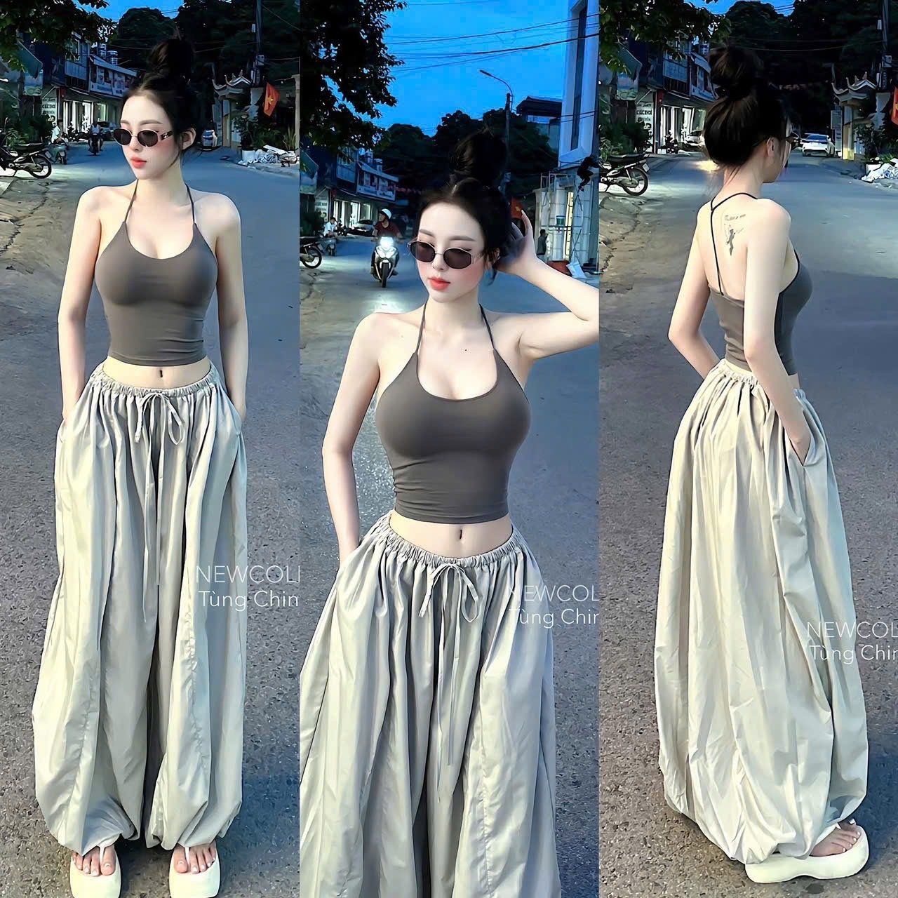  Set áo cổ yếm croptop mix quần suông rộng siêu xinh - Q200 