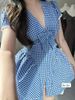 Đầm cổ v caro xanh đính nơ ngực viền ren tiểu thư - Q245 (EO S<68, M<72)