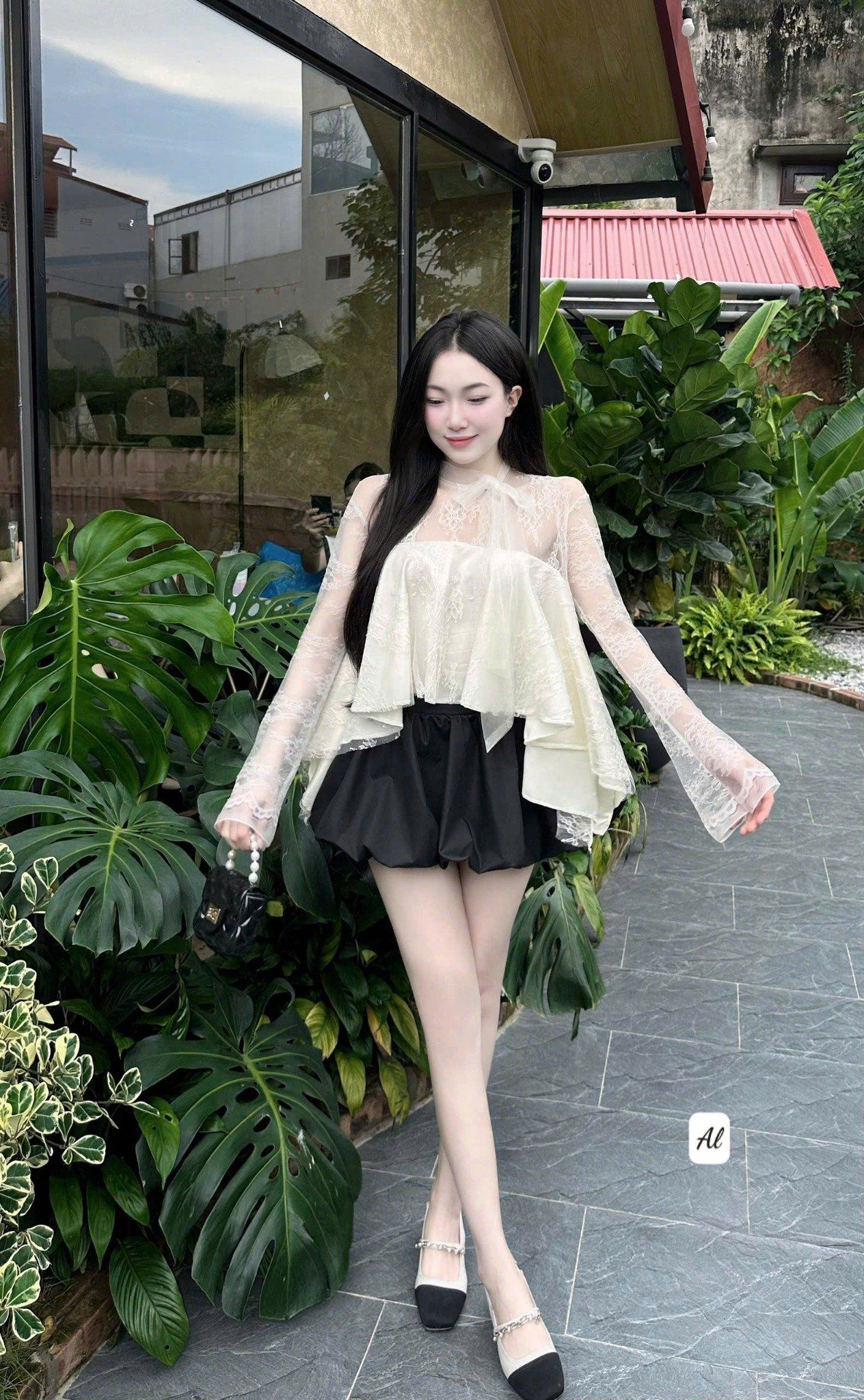  Set áo tay loe ren nơ cổ mix chân váy bồng đáng yêu - KEM - Q279 (EO S<68, M<72) 