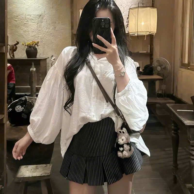  Set áo sơ mi tay dài form rộng mix chân váy xếp ly kẻ sọc - Q309 (EO S<68, M<72) 