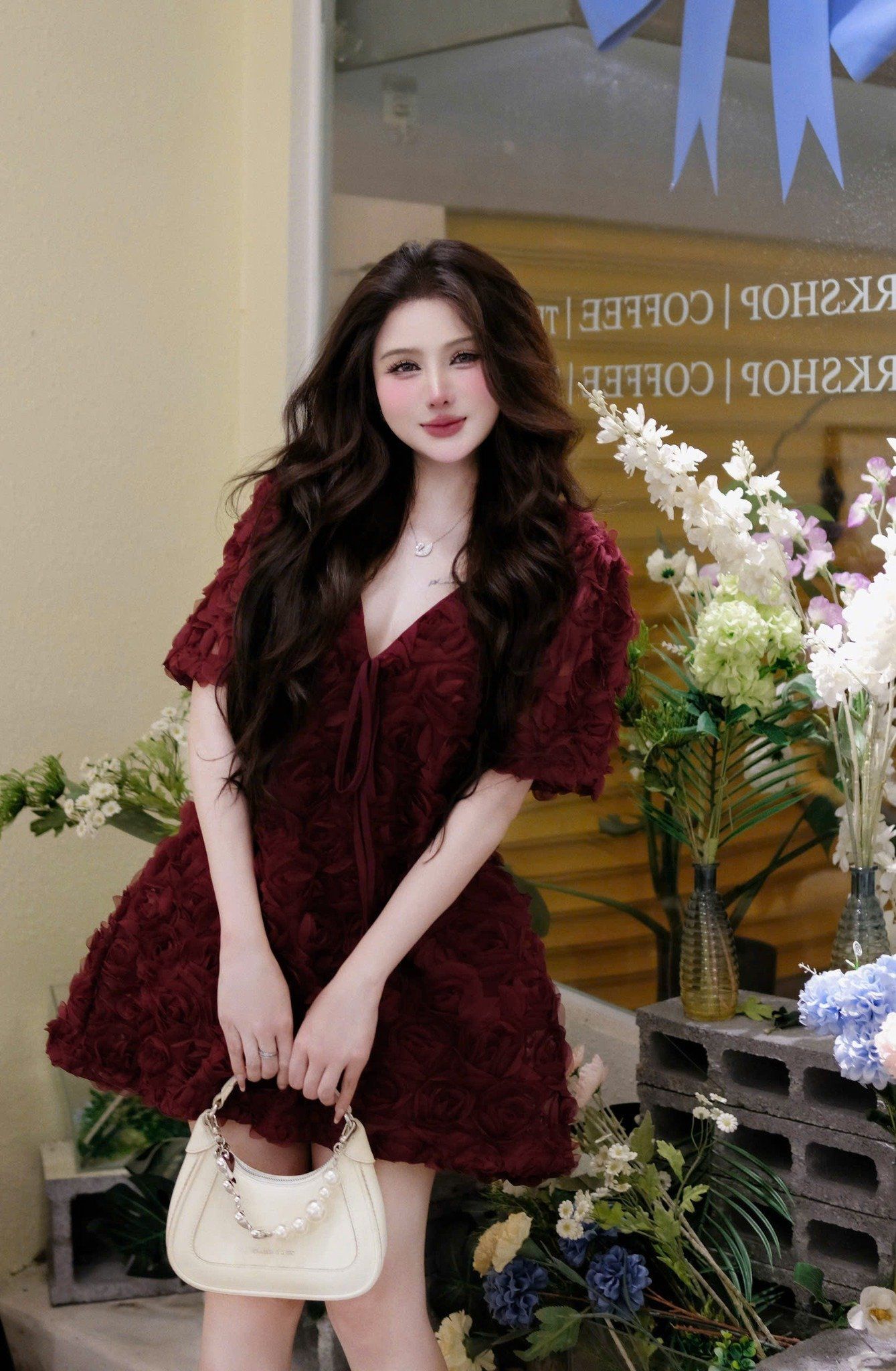  Đầm hoa suông cổ v cột dây siêu hot - ĐÔ - T494 