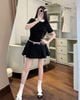 Đầm cổ sen ly xoắn cúc bọc chiết eo đính nơ dáng xòe tôn dáng - ĐEN - Q447 ( eo S<66 ,M<70 , L<74 ) (0)