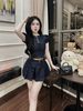 Set áo demin crop cổ sen xếp li đính nơ mix chân váy kèm nịt siêu hot - Q474 (eo S<68, M<72)