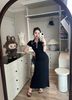 Váy thun body cổ bẻ viền ren bèo thêu miu dáng dài siêu hot - ĐEN - Q491