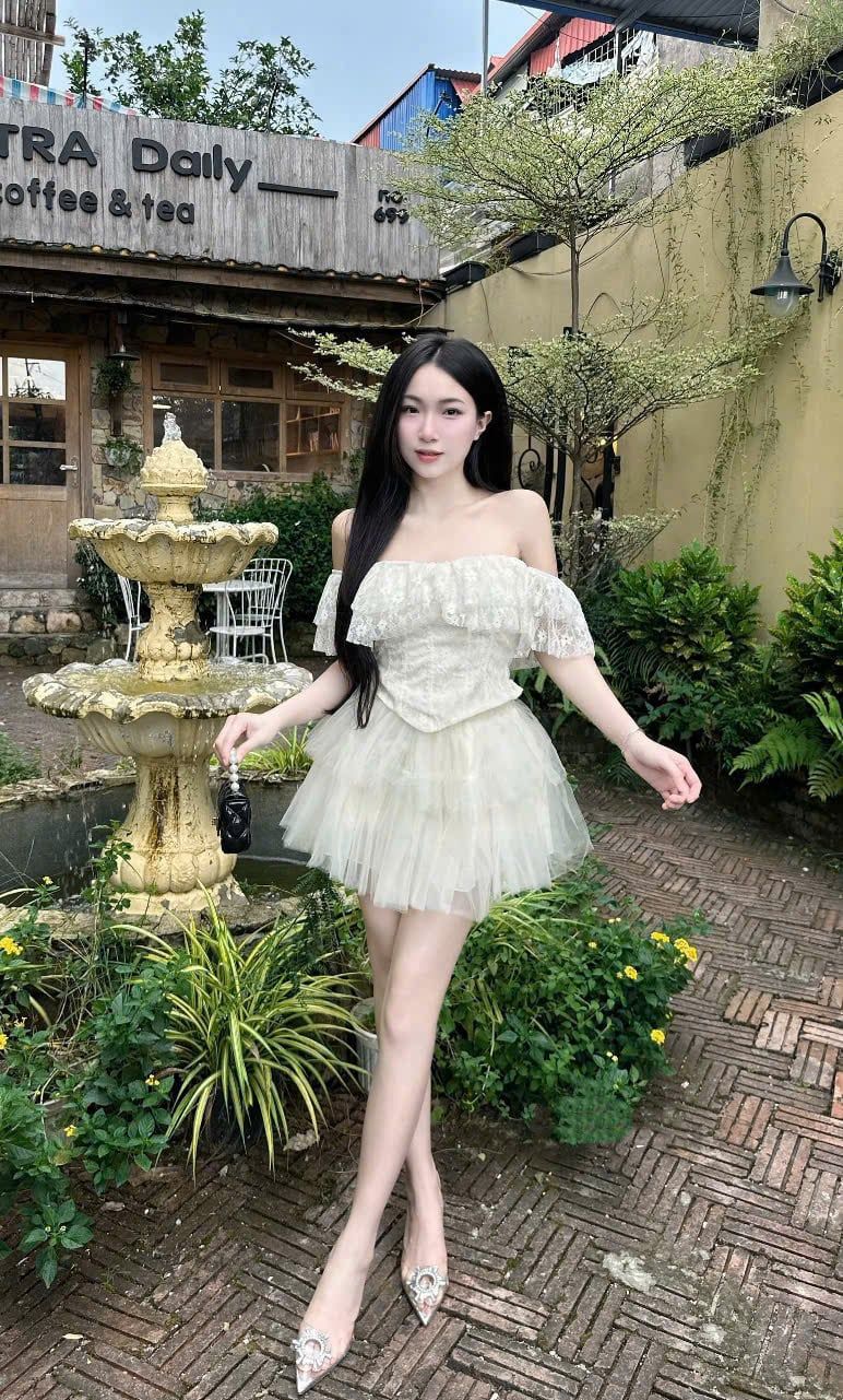  Set áo trễ vai ren mix chân váy lưới xòe tầng siêu xinh - TRẮNG - Q515 