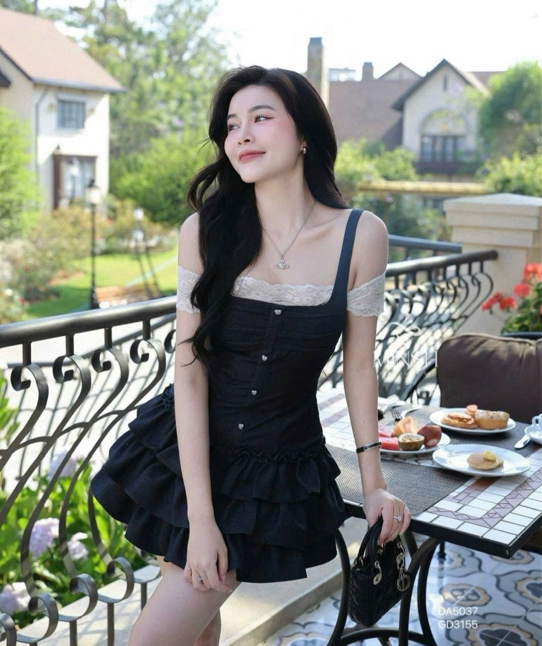  Váy denim 2 dây phối ren xếp ly tầng dáng xòe siêu xinh - Q545 