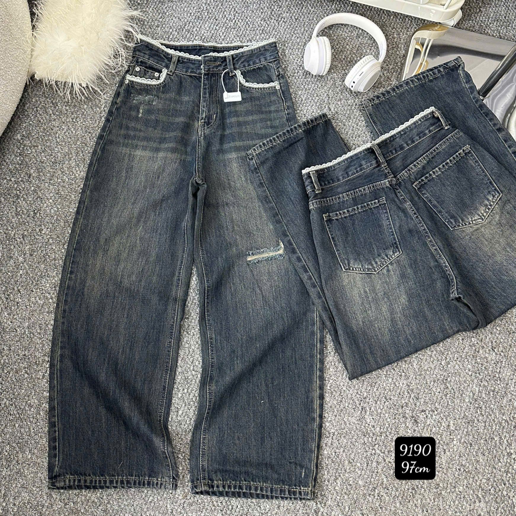  Quần jean ống suông PHỐI REN phối rách nhẹ form siêu đẹp - ĐẬM - Q576 (EO S<64, M<68, L<72) 